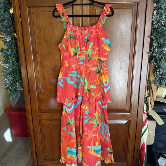 FARM Rio Midi Dress Sz Medium Red Ipanema Ruffle Sleeveless Tropical Resortwear - Picture 7 of 7